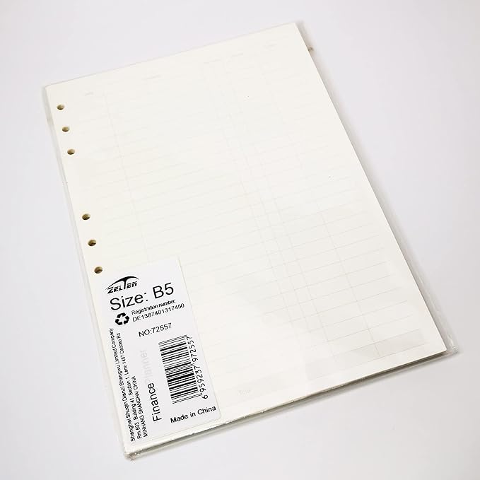 Zelten 1 Pack B5 45 Sheets/90 Pages Finance Loose Leaf Punched Paper Refills Paper for 9 Hole Binder Personal Organizer Diary Notebook Refillable Planner