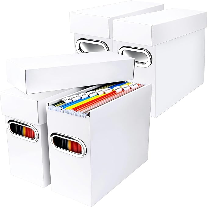 File Organizer Box with Lid & Handle, Heavy Duty Hanging File Folder Storage Boxes for Letter Size, Portable Filing Organizer for Office, Home, Classroom, White 4 Pack