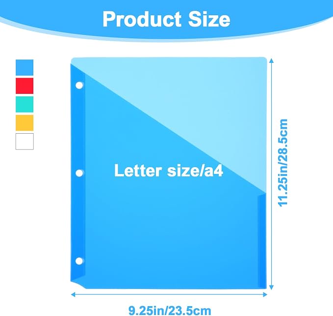50 Pack Binder Pockets 3 Hole Punch Clear Plastic Document Folders Binder Organizer Store Letter Size 9.25 x 11.25 Inch Paper Plastic Folders with Pockets Slash File Jacket for Office (5 Colors)
