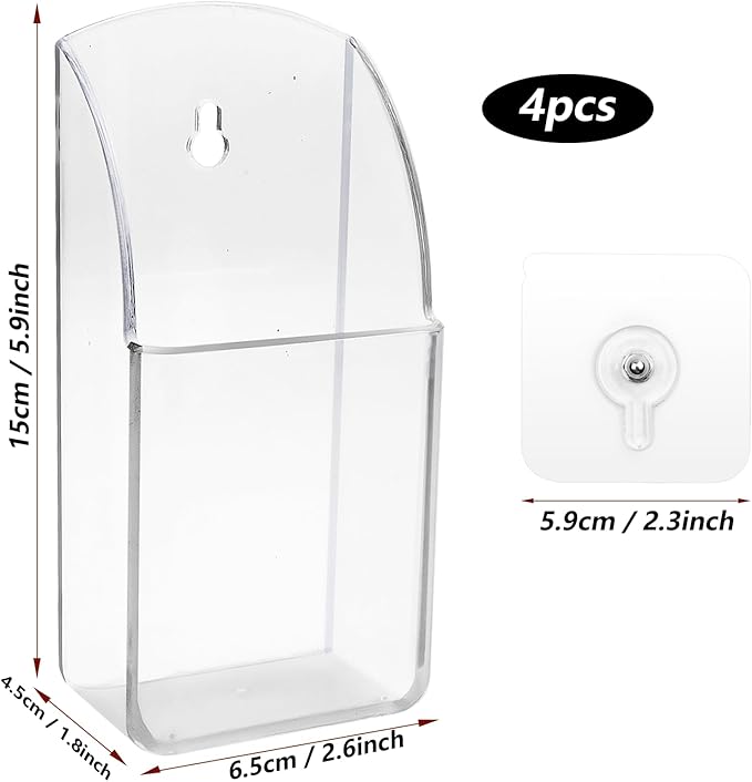 4 PCS Plastic Remote Control Holder Clear Wall Mount Media Organizer Single Compartment Pen Holder for Wall Pencil Holder TV Remote Holder Wall Mount Storage Box for File Makeup Marker Brush Phone