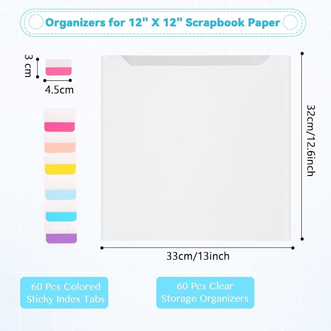 60PCS Scrapbook Paper Storage Organizer, 12x12 Inch Clear PP Scrapbook Paper Storage Organizers for Cardstock, Vinyl Paper, File