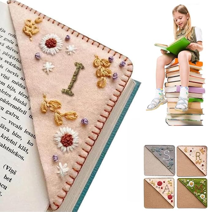 Personalized Hand Embroidered Corner Bookmark, 26 Letters Cute Flower Embroidered Corner Bookmark Embroidery Book Marker Clip for Book Lovers Bookmarks for Reading Lovers Meaningful GIF (Spring, I)