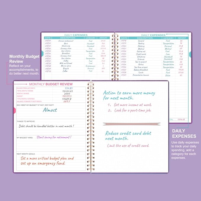 Budget Planner - 8" x 9.5" Monthly Budget Book with Expense Tracker Notebook, 2026 Budgeting Book and Financial Planner to Control Your Money. Large Size, PU Leather, Purple