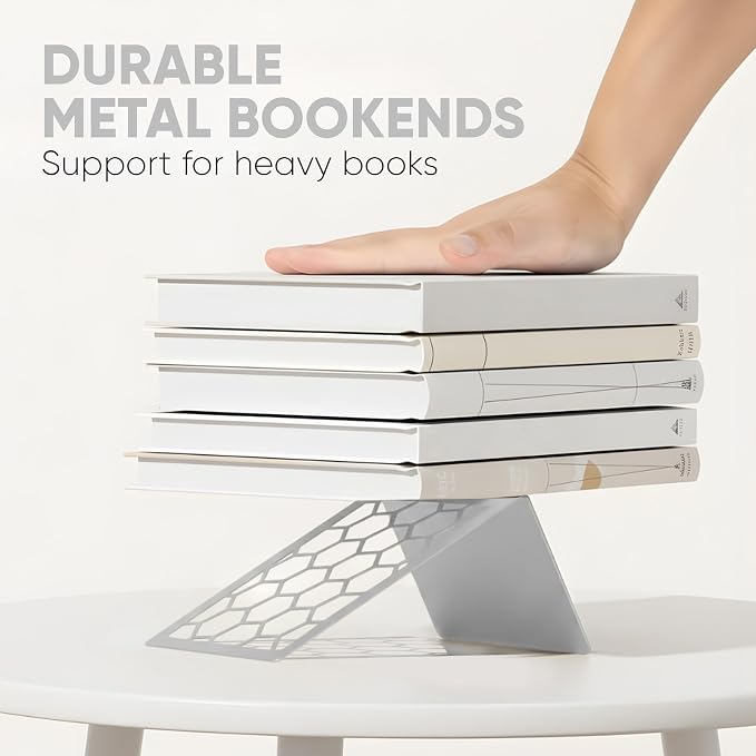 Gray Geometric Honeycomb Metal Bookends - Book Ends for Shelves - Decorative Modern Heavy Duty Bookend Stopper - Book Ends for Heavy Books - Home Office Book Holder - 1 Pair, 6x3.25x6.25 in