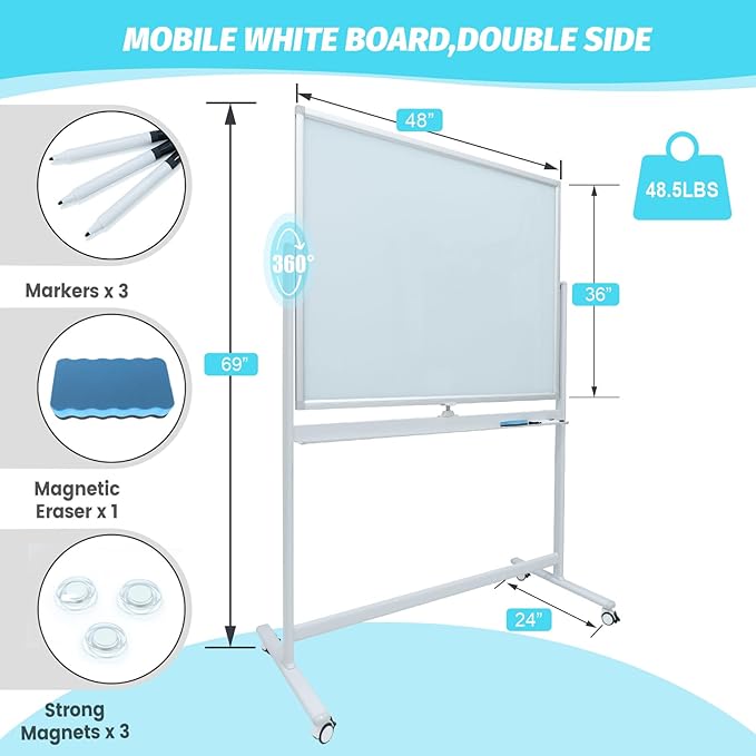 Mobile Glass White Board - Rolling Magnetic Dry Erase Board 48”x36”, Dry-Erase Glass Whiteboard on Wheels, Large Glass Board with Stand for Office, Classroom and Home