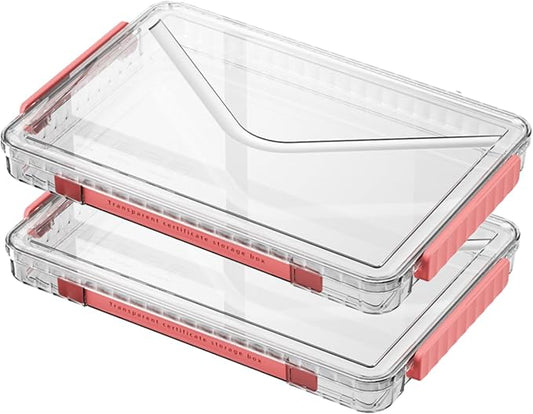 2 Pack Clear Plastic File Storage Boxes with Latching Lids, Transparent Certificate Organizer, Portable Project Case for Drawers, Clear Stackable File Box for A4 Files (‎Red Latches, Small)