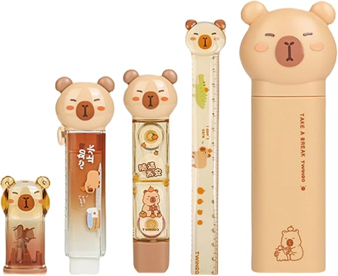 MOZXIRZ 5 Pcs Cute Capybara Stationery Set Cartoon School Supplies Kawaii Office Supplies Including Eraser Pencil Sharpener Ruler Correction Tape Glue Cute Stationery Kit (5Pcs Capybara-1)