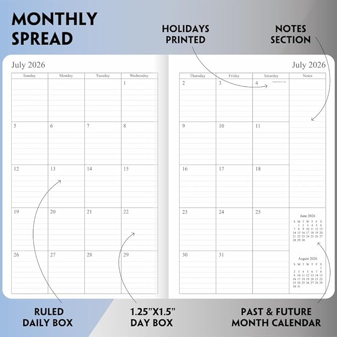 26-27 Academic Planner - Weekly and Monthly Planner, Jul 2026 - Jun 2027, Holidays, Contacts and Notes Pages, Vegan Leather Cover, Elastic Closure, 5.5”x8.25”, Purple