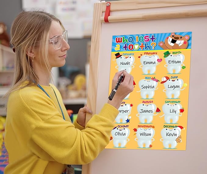 D4DREAM Who Lost a Tooth Poster - 11"x 16.5" Confetti Lost Teeth Learning Posters Charts for Nurse Office Decorations Back to School Teacher Supplies for Kindergarten Elementary Classroom