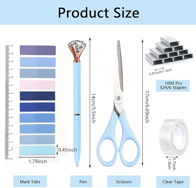 Office Supplies,Bblue Desk Accessories,Office Supplies Set,Desk Organizer,Stapler,Tape Dispenser,Scissors,Staple Remover,Binder Clips,Staples,Ballpoint Pen,Index Tabs with Ruler,Clear Tape.10pcs