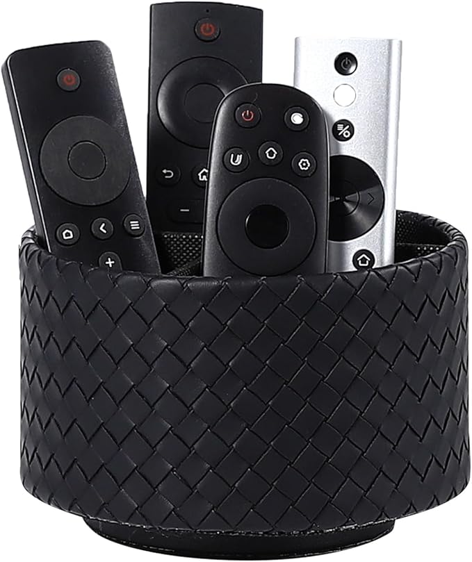 Spinning Pencil Holder, PU Leather 360 Degree Rotating Remote Control Holder for Table with 4 Compartments, Cute Pen Holder Desk Organizer, Black PH116