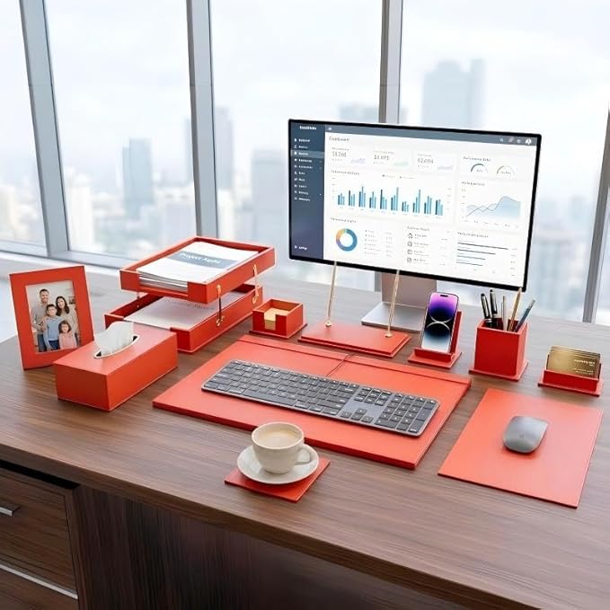 Luxury Executive Leather Desk Organizer Set –15-Piece Office Desk Accessories with Desk Pad, Letter Tray, Phone Stand, Pen Holder & Coasters – Professional Office Desk Decor & Gift (Orange)