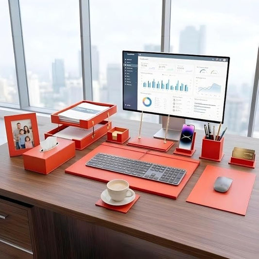 Luxury Executive Leather Desk Organizer Set –15-Piece Office Desk Accessories with Desk Pad, Letter Tray, Phone Stand, Pen Holder & Coasters – Professional Office Desk Decor & Gift (Orange)