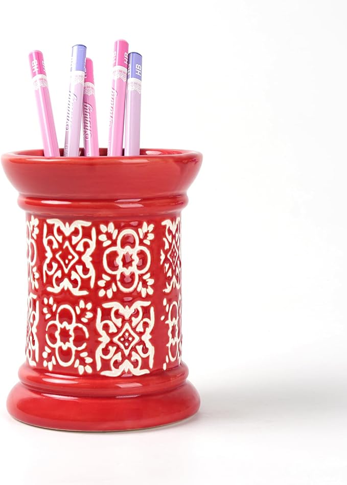 Printed Pencil Holder, Cute Pen Holder for Desk, Ceramic Carved Cylinder Pencil Holder, Office Decoration Container Islamic Style(Red)