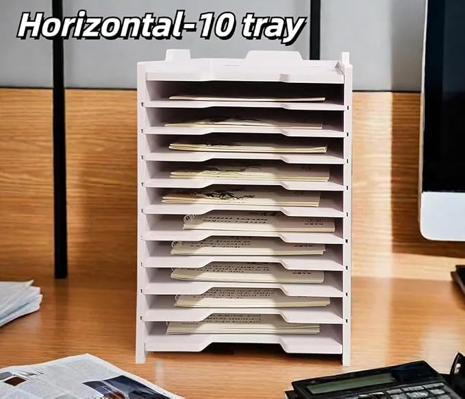 A4 Wooden Desk Letter Tray, Paper Organizer Storage with Adjustable Shelves, Stackable File Sorter for Notes, Pens, File Paper and Desk(A4&Landscape-10tray(with 9 Adjustable Shelves))