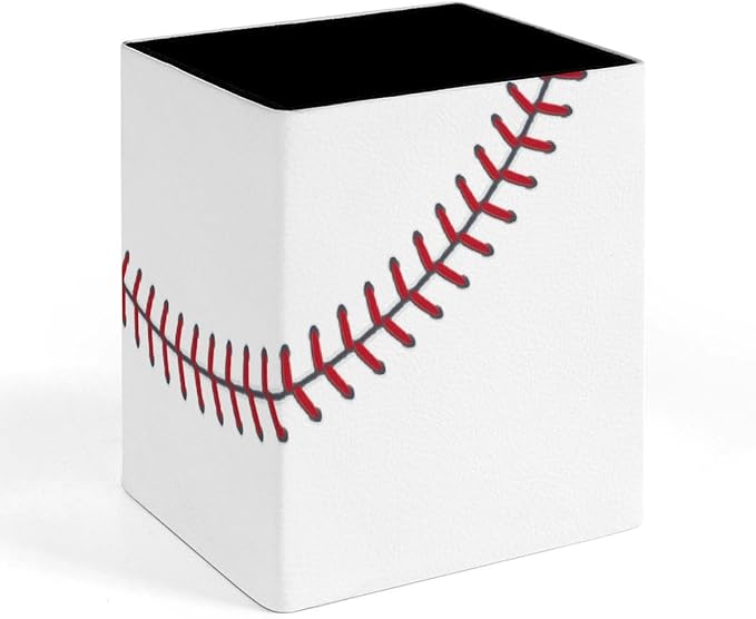 Baseball Ball Square Leather Pen Holder, Minimalist Desk Organizer for Office Home School, Pencil & Stationery Storage Box, Gift for Students Teachers Colleagues