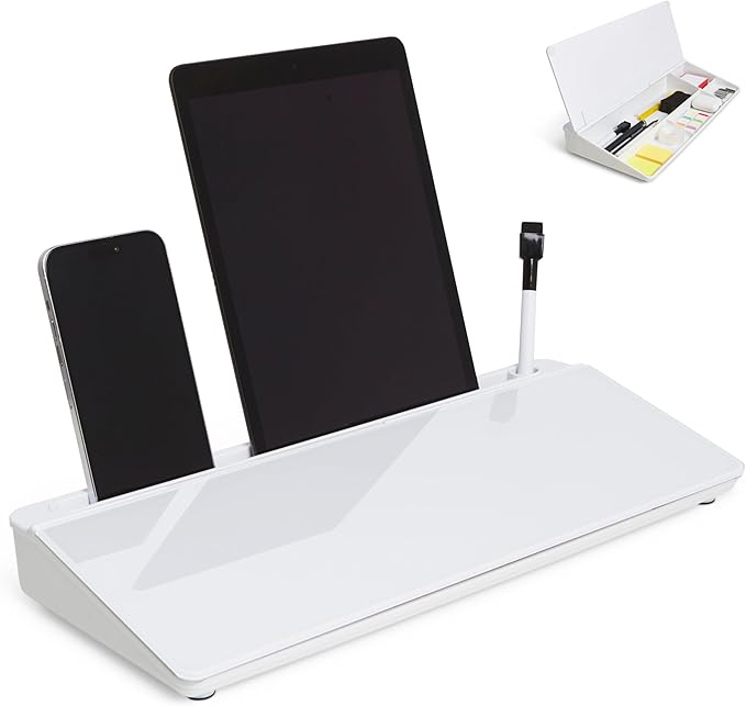 GAROOD Desktop Whiteboard with Storage Desk White Board Desk Board Glass White Board with Stand Home Office Organizer Phone Holder 15.8X7X2 inches