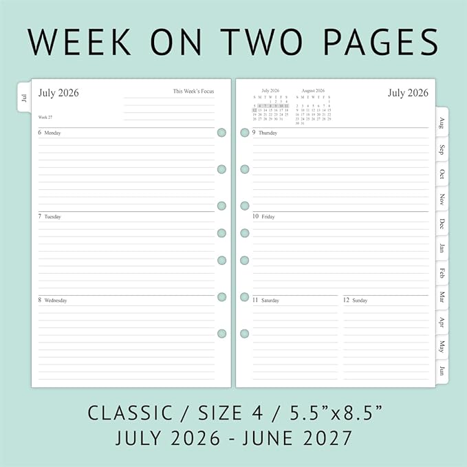 newestor 2026-2027 Planner Refill for Mini Binder, Weekly & Monthly, July 2026 - June 2027, 5-1/2" x 8-1/2", Desk Size 4, 7 Holes
