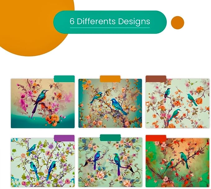 12pcs Decorative File Folders Letter Size, Bird Design Folders, Cute Office Folders with Floral Branches, 1/3 Cut Tab, Waterproof Archival File Folders Colored Decorative File folders