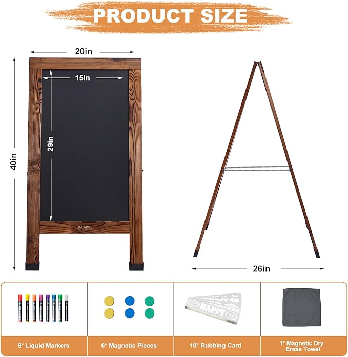 Wood Magnetic A-Frame Chalkboard Signs, 40" x 20" Large Sandwich Board Signs Outdoor, Double-Sided Sidewalk Blackboard for Business, Wedding, Vendor Display, Coffee Shope - Brown