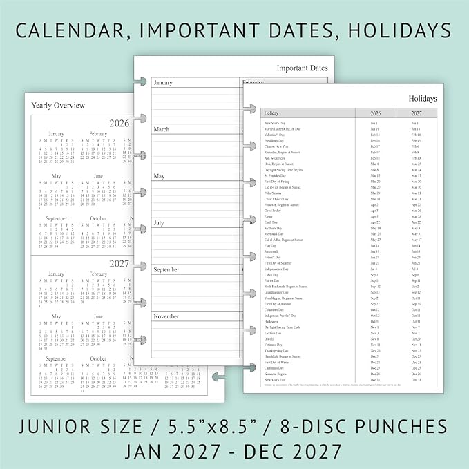 2027 Weekly & Monthly Planner Refill for 8-Discbound Planners, Two Pages Per Week, Junior Size, 5-1/2"x8-1/2"