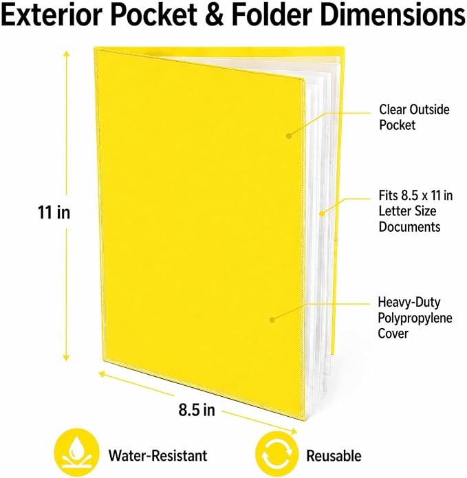 Ultra PRO - 50 Pack Yellow Heavy Duty 2-Pocket Folders with 6 Clear Internal Pages, Waterproof Poly Project Organizer for School and Office, Fits 8.5 x 11 Letter Size, Customizable Clear Covers