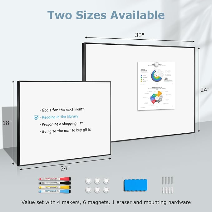 Large Dry Erase White Board, 36'' x 24'', Wall Hanging Magnetic Whiteboard for Home Office School Kitchen, Black Aluminum Frame