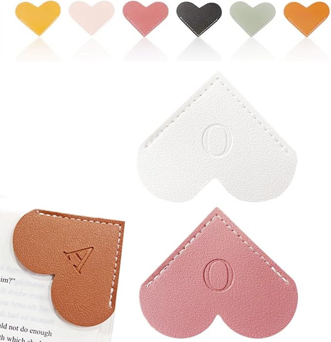 Personalized Leather Heart Bookmark, 26 Letters Customized Corner Book Mark for Reading Women, Book Marker with Initials，Cute Gifts (White+Deep Pink, O)