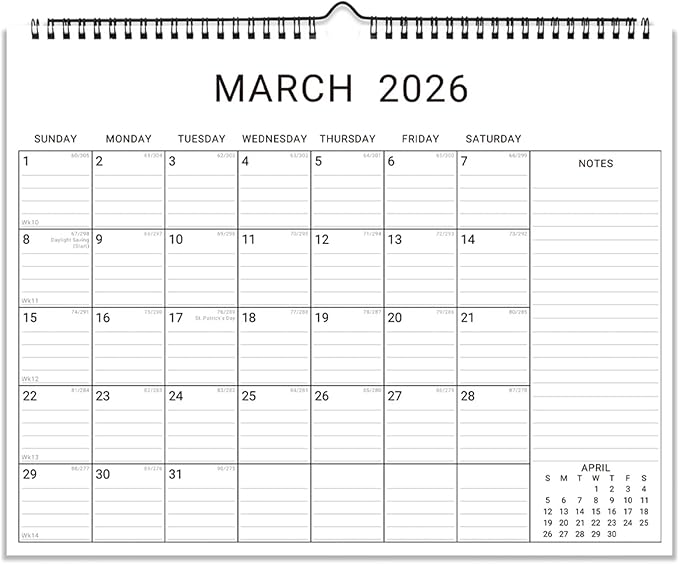 2026 Wall Calendar, 12 Month 14.8”x11.5” Year Monthly Organizer from January 2026-2027 Horizontal Blank Simple Spiral Bound Wire Hanging Calendar w/ Lines for Family, Home, Kitchen, Office White1