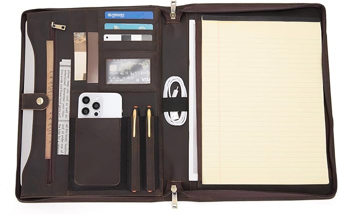 Genuine Leather Portfolio for Women and Men, 8.5 x 11 Legal Pad Padfolio, Zippered Notebook Organizer for 13” Laptop, Business Executive Professional Folio for Work, Dark Khaki