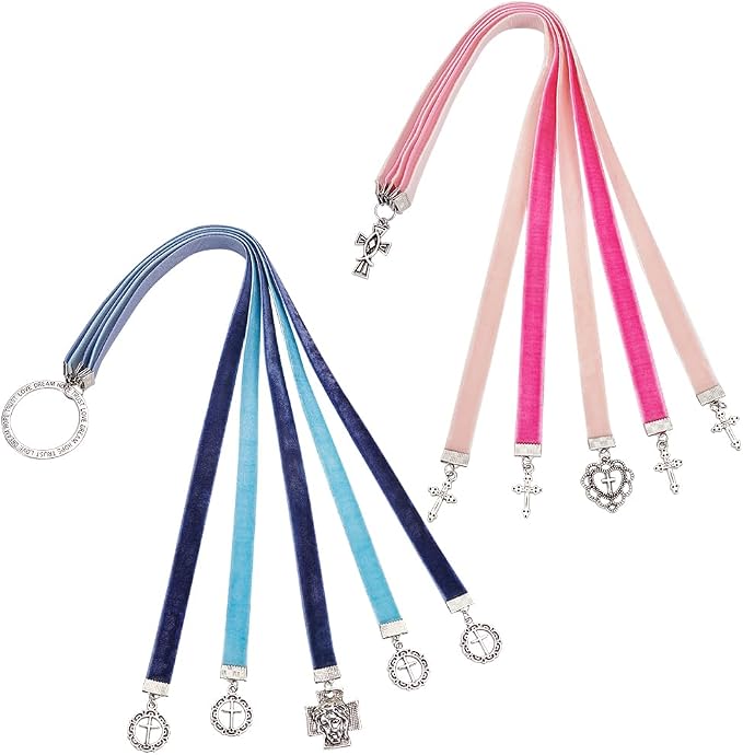 FINGERINSPIRE 2 Pcs Bible Ribbon Bookmark 2 Styles 14.2 Inch Velvet Ribbons Bookmark with 5 Ribbons Multi Page Ribbon Marker with Cross Charm for Bible Books(Cross Heart Blue & Pink)