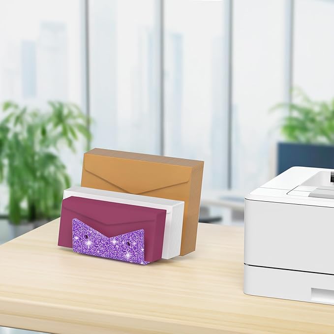 Mail Organizer Envelope Holder - 3 Compartments Glitter Purple Acrylic Mail Holder Countertop Vertical Desk Organizer Small File Bill Document Notebook Letter Sorter for Home School Office