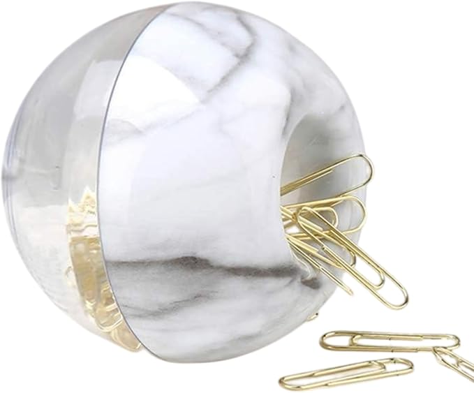 MultiBey NE-Clip-Marble-Round Paper Clips in Elegant Magnetic Marble White Clip Holder, 28mm, Gold, 100 Clips Per Box