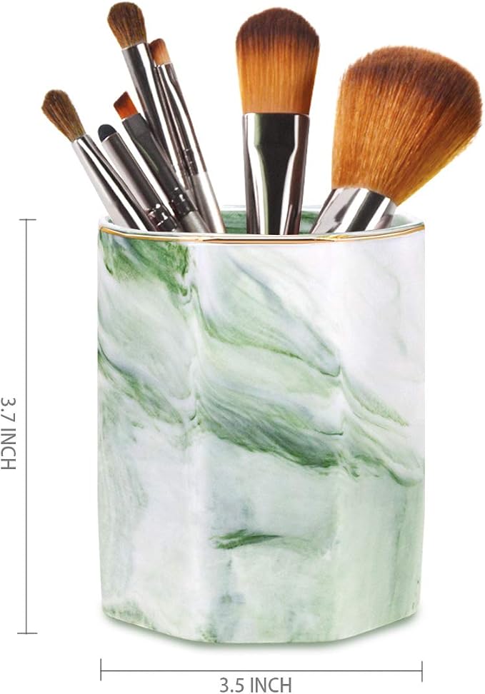 Pencil Holder, Pencil Cup for Desk, Makeup Brush Holder Cup, Cute Pencil Stand Marble Decorative for Kids Durable Ceramic Desk Organizer for Office, Classroom, Home, Green Marble