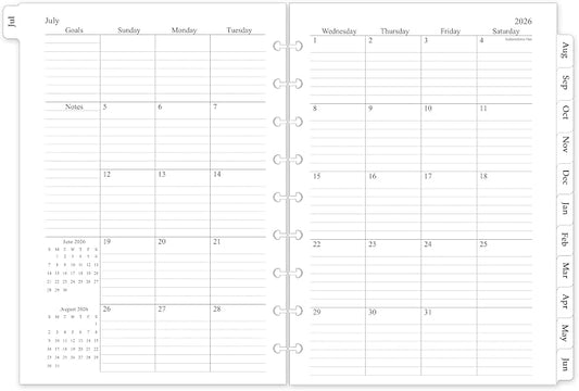 2026-2027 Monthly Planner Refill, Planner Inserts for 9-Disc Discbound Planner, 7" x 9.8", Jul. 2026 - Dec. 2027, 18 Monthly Calendars with Laminated Tabs