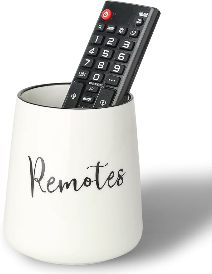LEETOYI Ceramic Remote Control Holder, 4.1" Remote Caddy Storage, Makeup Brush Holder, Media Controllers Organizer for Living Room, Table, Bedroom & Office (White)