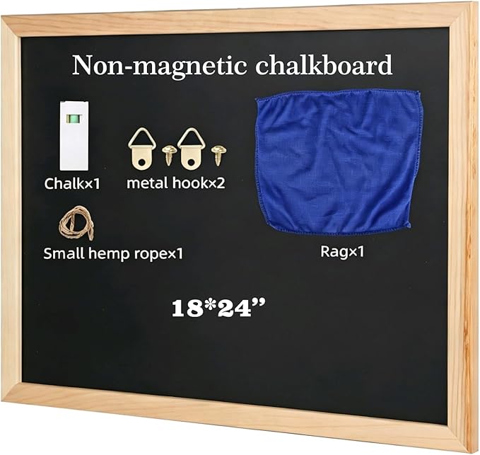 Wooden Frame Chalkboard, Wall-Mounted Blackboard with Natural Wood Border, Black Writing Surface, 18x24 Inches, Non-Magnetic, MDF with PVC Laminate (18 * 24")