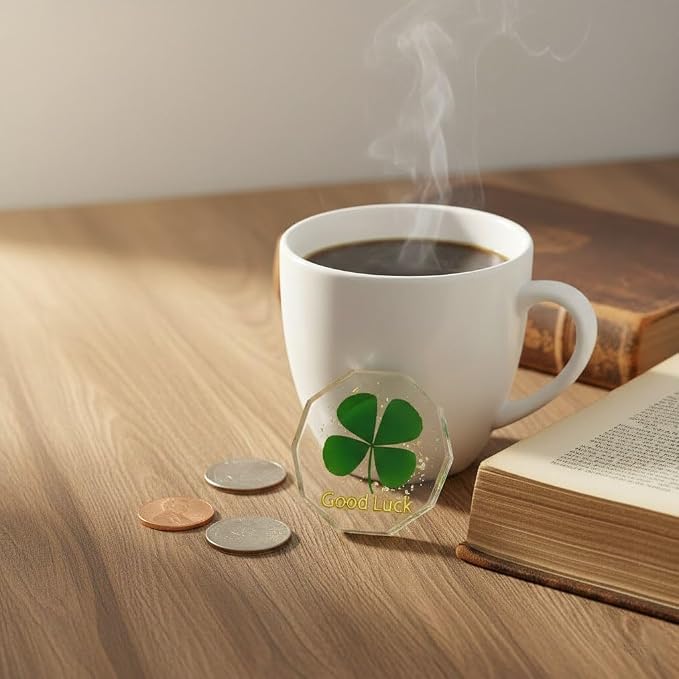 Real Four Leaf Clover Good Luck Pocket Token, Preserved Flower Resin Charm Gold Silver Foil, Real Clover for Wallet, Purse, Bag (Diamond Good Luck)