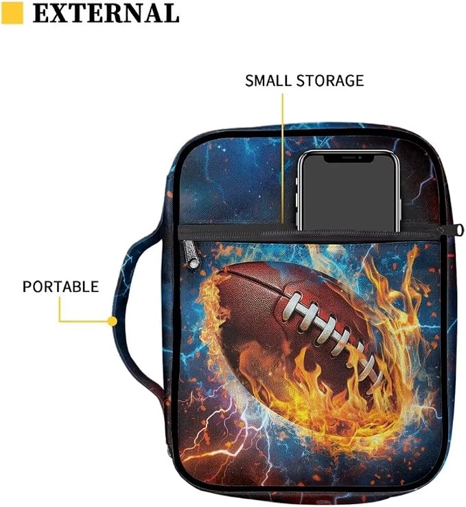 Coldinair Fire Lightening Rugby Bible Cover for Boy Kids Teen Nylon Bible Holder Carrier Carrying Organizer Bible Bag, Zipper and Pockets for Standard Large Size Bible