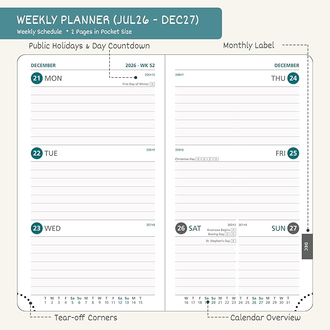 BEZEND Pocket Planner 2026-2027 Weekly and Monthly (3.5" x 6") 18 Months Small Academic Calendar (Jul 26-Dec 27) Ideal for Students, Work & Home, Storage Pocket, PU Leather Hardcover -Mint Green