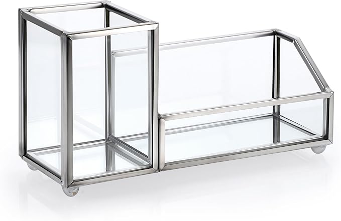 Hipiwe Glass Business Card Holder Metal Pen Pencil Storage Holder for Desk Clear Business Card Display Organizer Case for Office Home,2 Slots,Silver