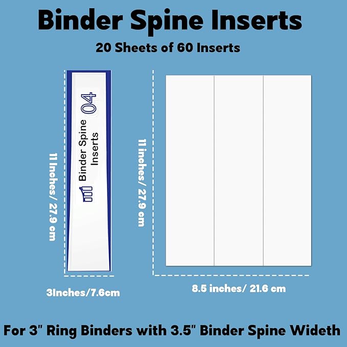 gisgfim 20 Sheets Binder Spine Inserts 3 Inch Spine Width White Binder Labels 92LB Printable Side Identifiers for Inkjet Laser Printers Cardstock View Binders Labels 3 Inserts/Sheet