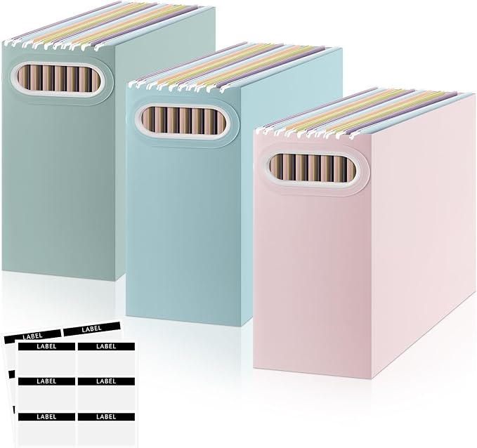 PerKoop 3 Pcs Morandi Color Hanging File Organizer Collapsible Cardboard File Box with Handle and Labels Pastel Hanging Folder Organizer Letter Size for Student Teacher Office Classroom (3 Colors)
