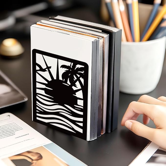 Sunrise Book Shelf Decorative Bookends for Shelves, Book Ends for Heavy Books, Black Beach Metal Bookends for Desk Organizer, Office Library Decor Decorative Books for Home Decor