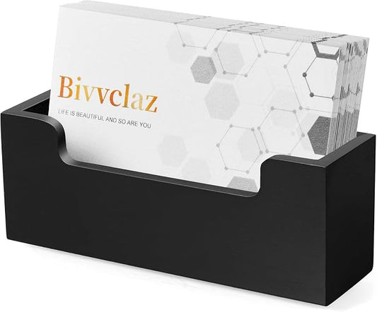 Bivvclaz Black Business Card Holder Desk, Wood Business Card Organizer Desktop Business Card Display Stand for Office Tabletop Exhibition, Small Business Essentials