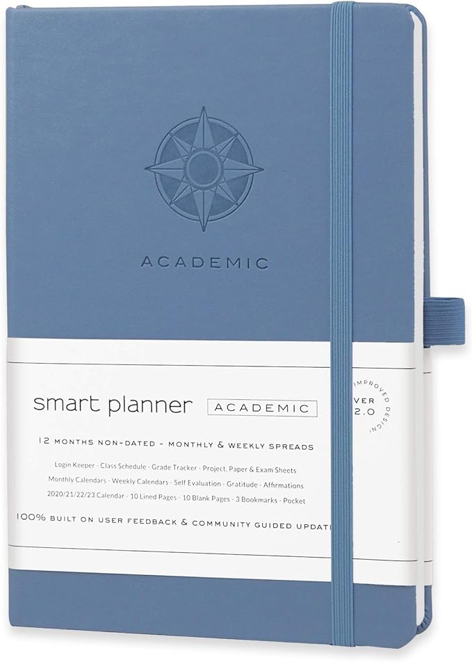 Smart Planner Academic 2022-2023 A5 Size 8.6 x 5.7 inches Undated Daily Planner for School - Student Planner for Maximizing Focus and Productivity (Blue)