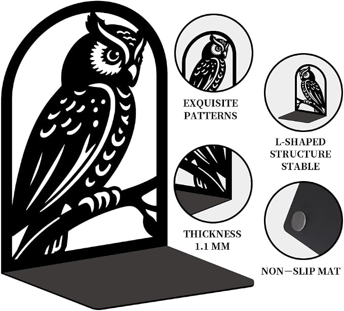1 Pair Metal Bookends for Shelves, Owl Bookshelf Decor Heavy Duty Book Ends Book Stoppers for Office, Desk, Shelf, Room 3.5"x4.7"x7.1" Book Holders for Shelves Tall Bookends