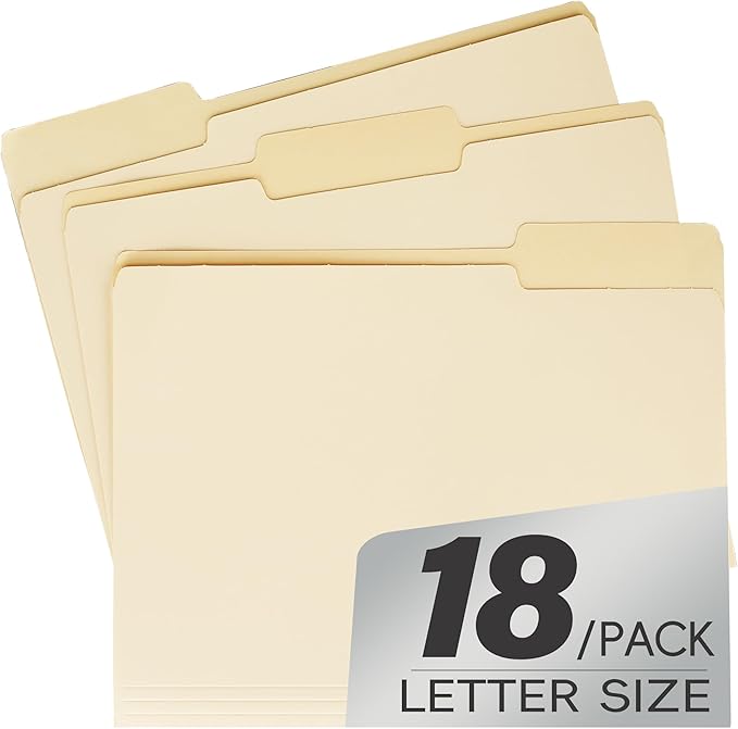 pmybupo 18 Pack Manila 1/3 File Folders,1/3 Cut Tab Letter Size,Great for Organizing and Easy File Storage,Per Box
