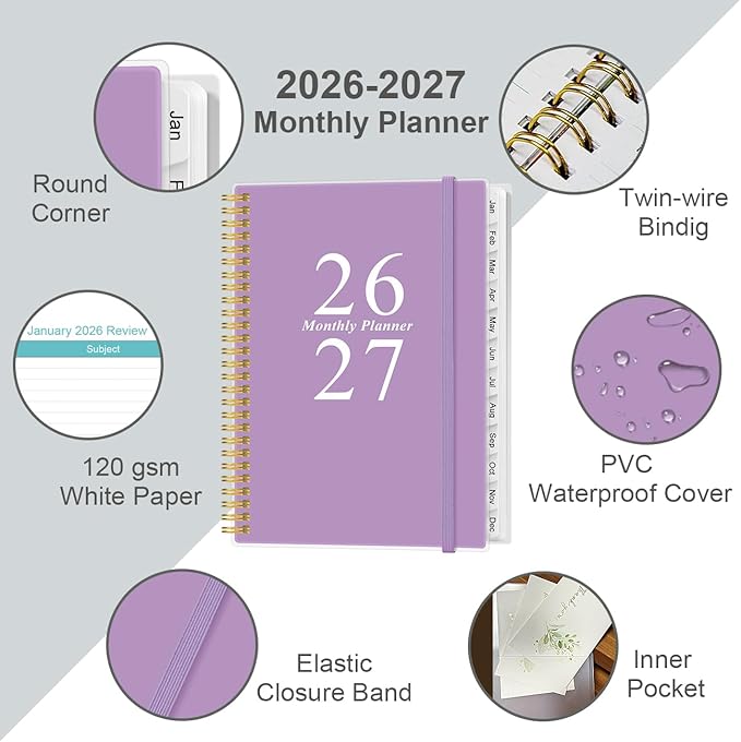2026-2027 Monthly Planner - 18 Monthly Calendar, January 2026 - June 2027, Two Pages Per Month, 9" x11" Planner with Tabs, Strong Twin-Wire Binding, Inner Pocket, Purple