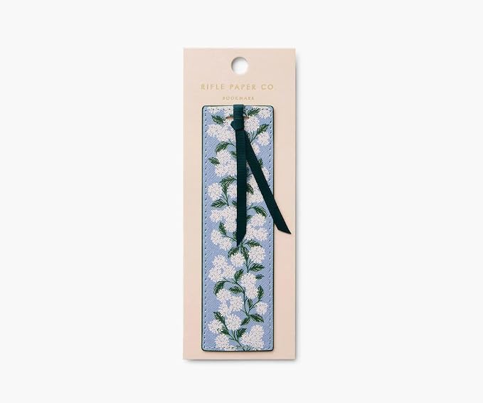 RIFLE PAPER CO. Hydrangea Bookmark, 1.75" W x 6" L, Delicate Blue and White Floral Design, Saffiano Polyurethane, Grosgrain Ribbon, Gold Foil Logo, Wipe-Clean